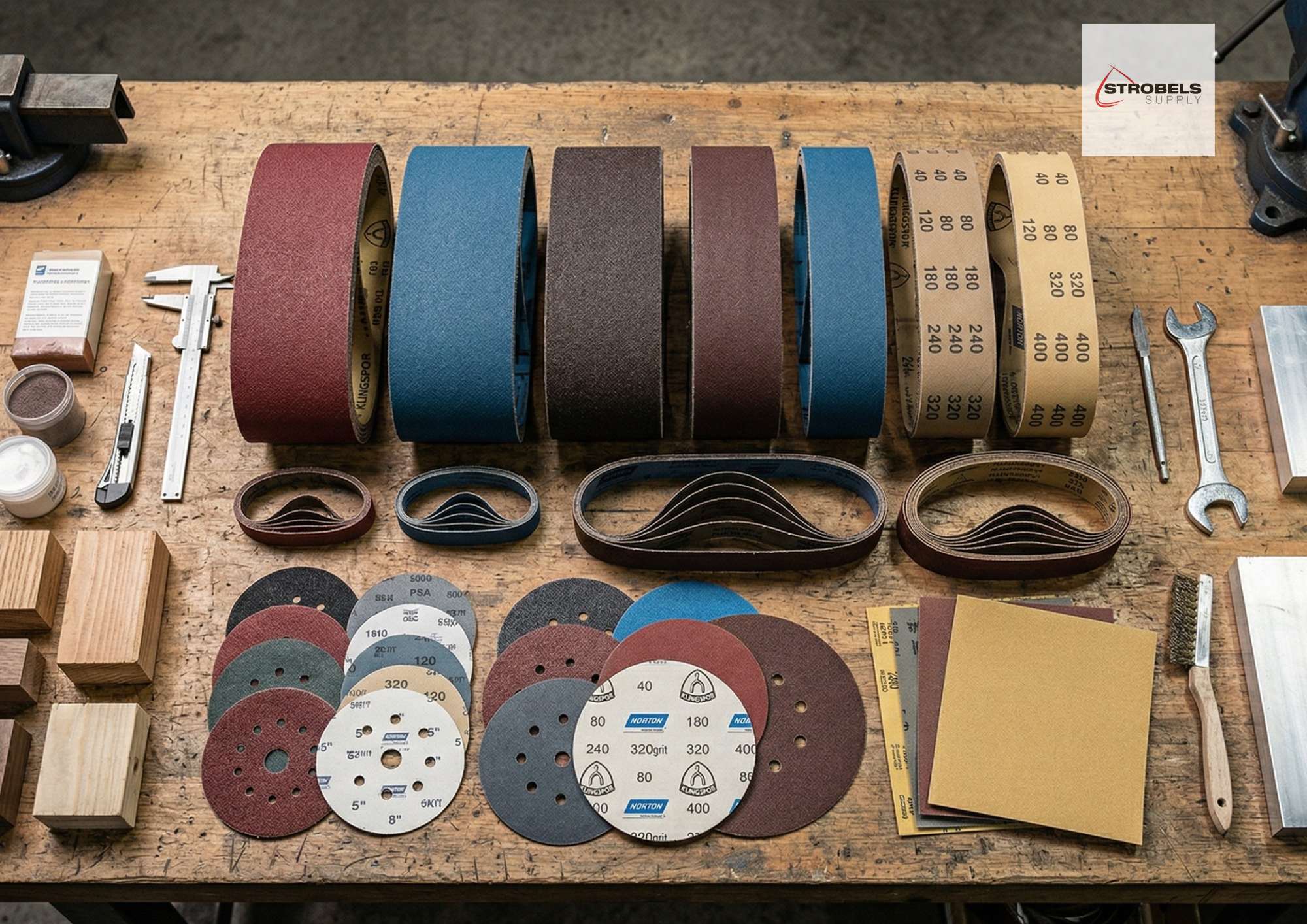 Complete Guide to Abrasive Belts – Types, Applications and Grits Abrasive belts in different sizes and grit types used for metal and wood sanding applications