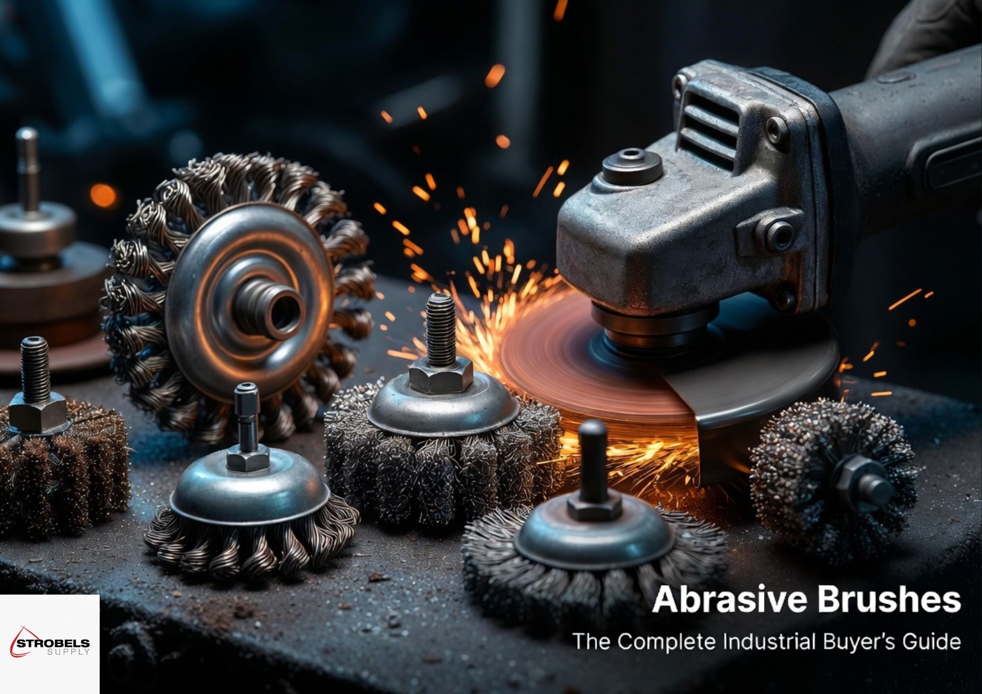 Abrasive Brushes - The Complete Industrial Buyer's Guide Abrasive brushes including wire cup, nylon wheel, end brush, and radial brush deburring metal with sparks