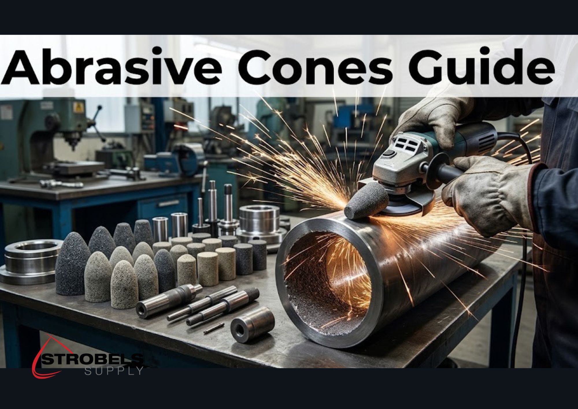 Abrasive Cones for Grinding, Deburring and Weld Cleanup abrasive cones used for grinding and deburring metal inside pipes showing different cone shapes and industrial applications