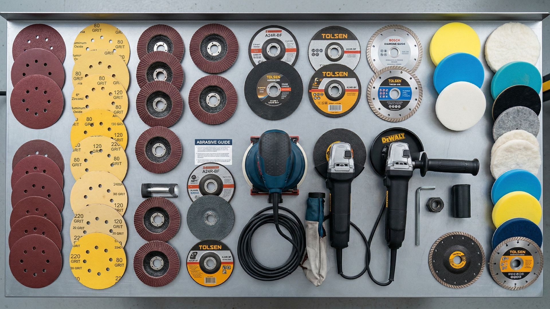 Assorted abrasive discs, sanding belts, flap discs, grinding wheels, polishing pads, and angle grinders arranged for tool compatibility and grit comparison.