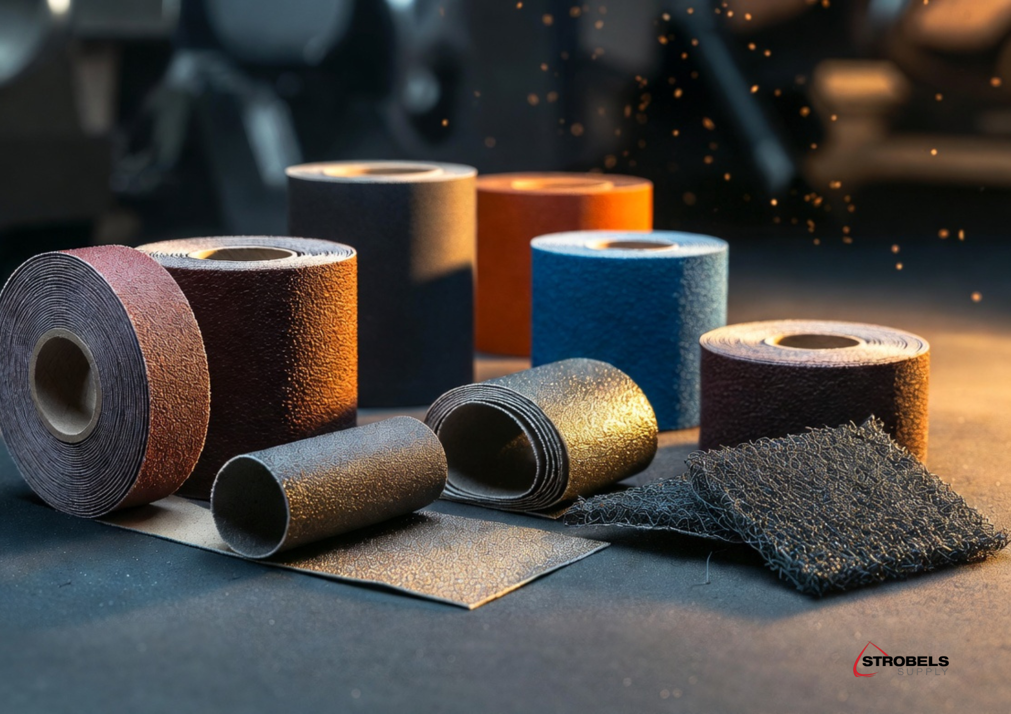 Abrasive Sheets and Rolls for Industrial Sanding Applications Abrasive sheets and rolls displayed in a workshop showing sanding materials for metal, wood, and industrial applications