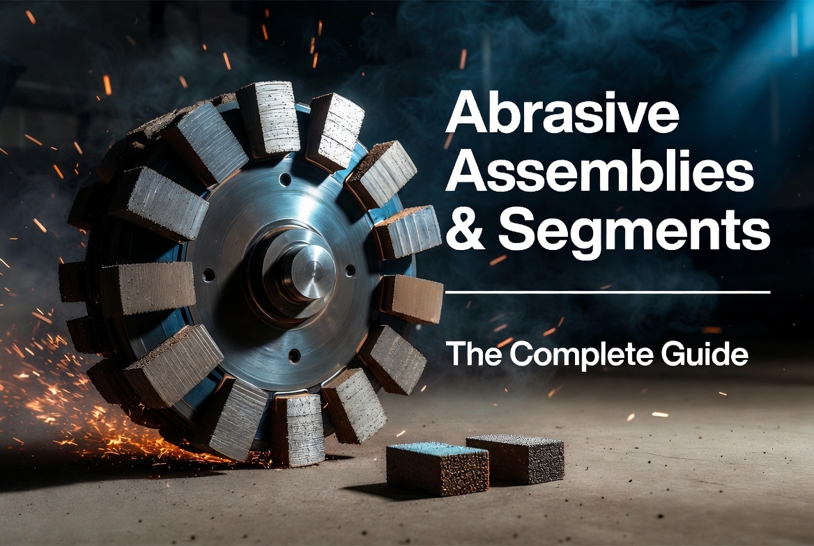 Abrasive Assemblies & Segments - The Complete Guide Professional hero image showing a high-quality abrasive segment assembly for a planetary floor grinder. Multiple rectangular diamond and aluminum oxide segments are arranged in a circular pattern on a heavy steel backing plate. Individual loose segments are visible in the foreground. The assembly is actively grinding a concrete floor, producing vibrant orange sparks and fine dust in a dark industrial workshop setting. Title overlay reads "Abrasive Assemblies & Segments - The Complete Guide".