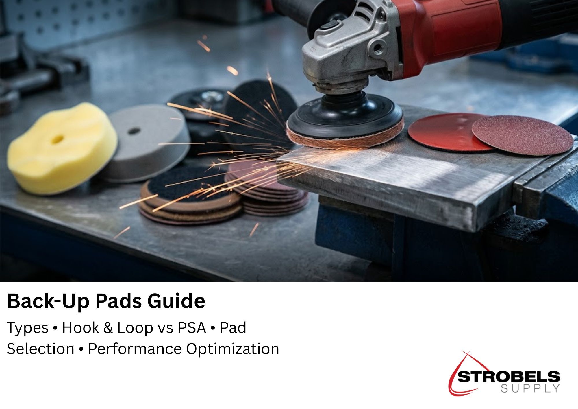 Back-Up Pads for Sanding, Grinding and Polishing Applications back up pad attached to angle grinder sanding metal surface with sparks showing hook and loop sanding discs and abrasive pads on workbench