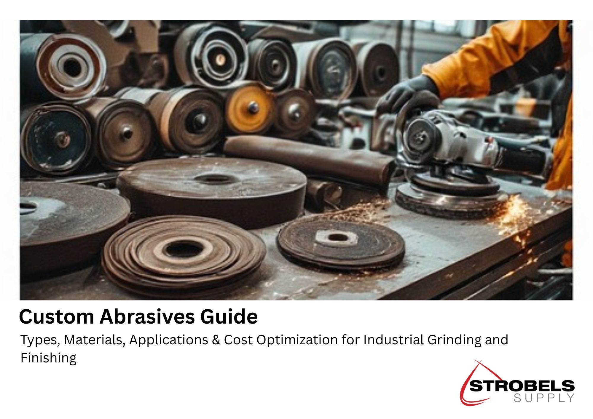 Custom Abrasives for Industrial Grinding and Finishing Applications custom abrasive belts discs and grinding wheels used in industrial workshop for metal grinding and surface finishing showing technician using angle grinder with sparks