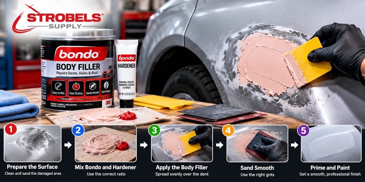 How to use Bondo body filler in 5 steps: prepare the surface, mix with hardener, apply, sand smooth, prime and paint