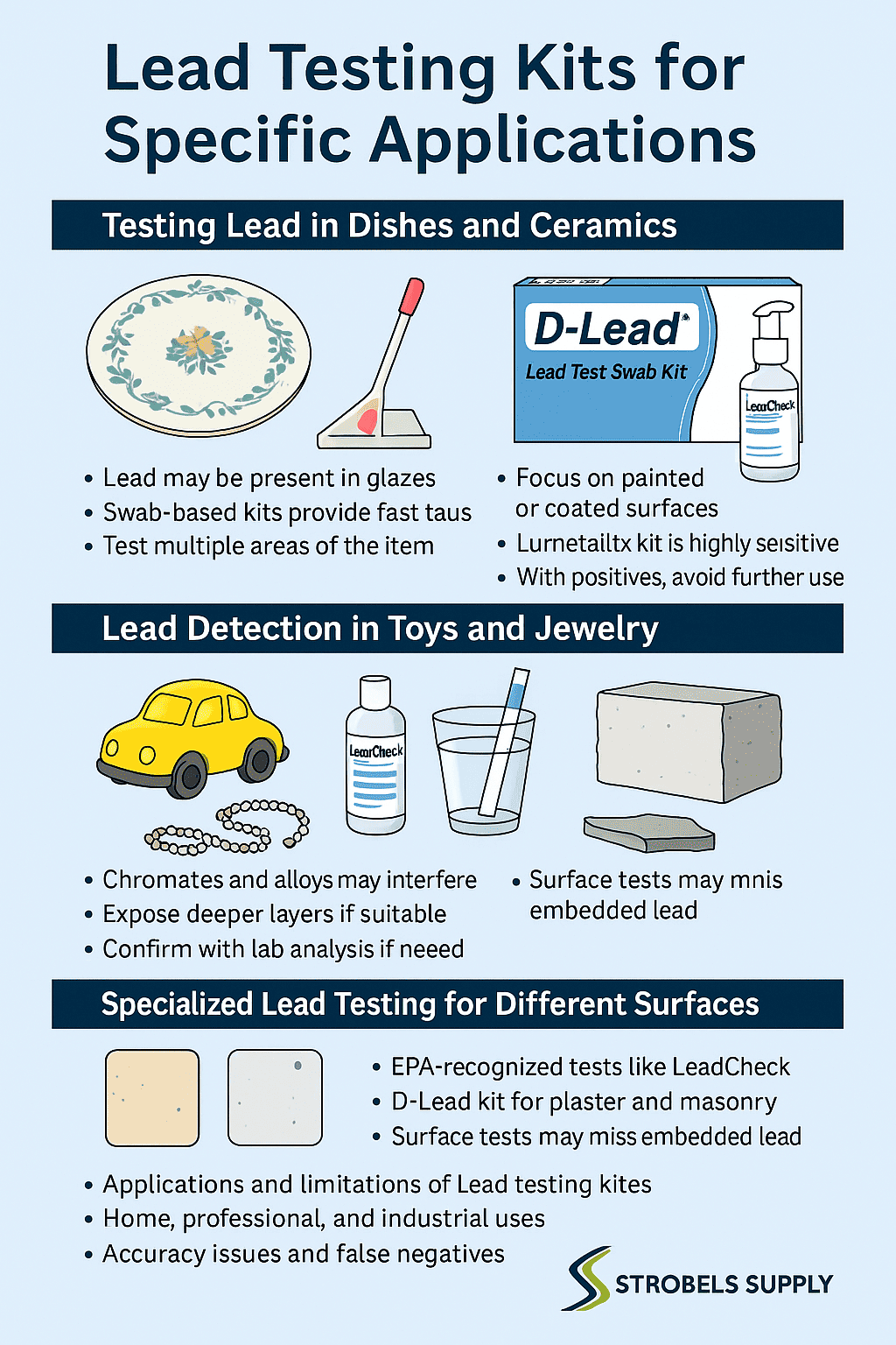Infographic showing lead testing kits for specific applications including dishes, ceramics, toys, jewelry, plaster, and masonry with EPA-recognized options like LeadCheck and D-Lead.