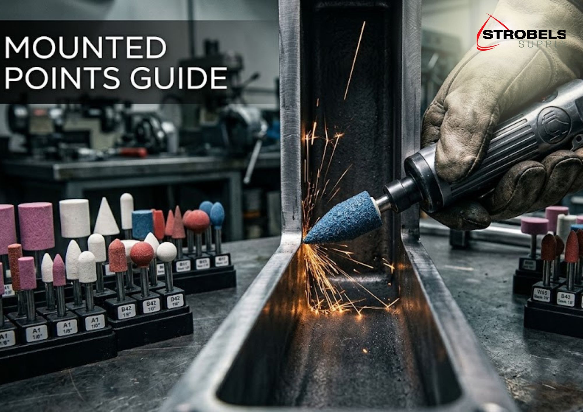 abrasive mounted points attached to die grinder performing precision grinding inside metal bore showing different shapes and industrial finishing application