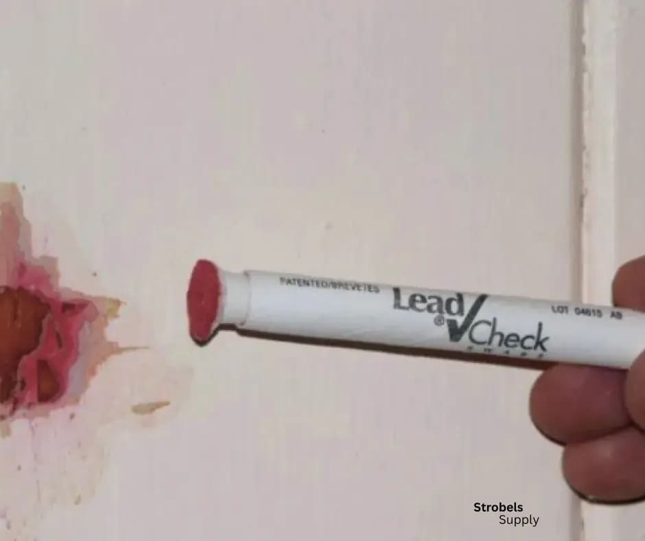 Positive Lead Paint Test Using LeadCheck Swab A close-up of a LeadCheck swab showing a positive lead test result on a painted wall. The pink color indicates the presence of lead. Ideal for homeowners, renovators, and commercial property managers following EPA guidelines for lead safety.