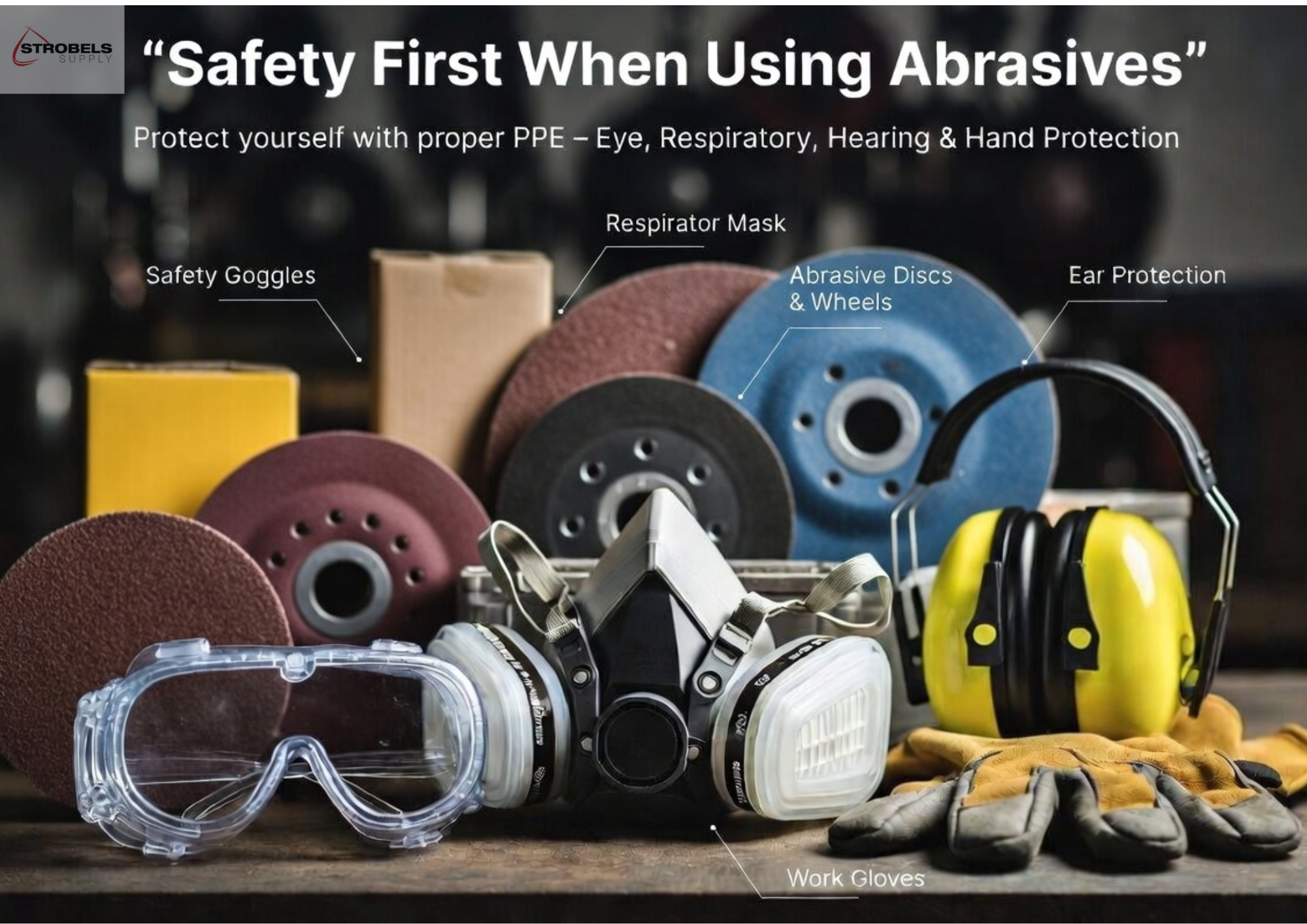 Safety Equipment for Using Abrasives Proper safety equipment for using abrasives, including goggles, respirator mask, ear protection, and gloves for safe operation.