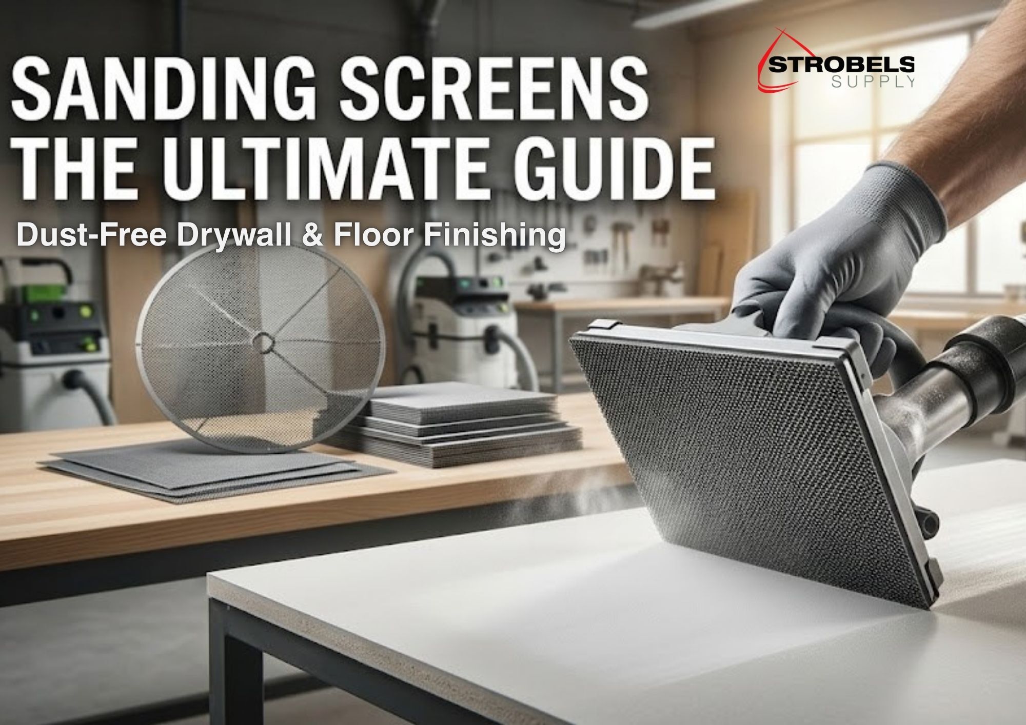 Sanding Screens for Dust-Free Drywall and Floor Finishing sanding screens used with pole sander for dust free drywall sanding and surface finishing in workshop