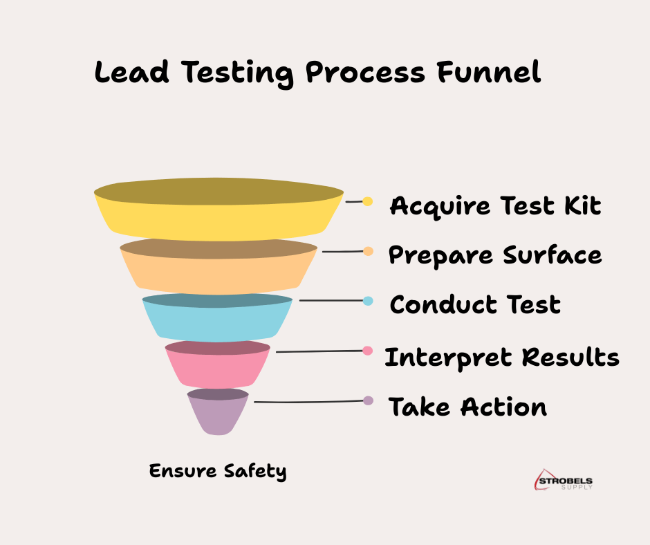 Lead Testing Process Funnel A five-step funnel diagram showing the lead testing process: acquire test kit, prepare surface, conduct test, interpret results, and take action. The funnel visually represents the step-by-step procedure to ensure safety when testing for lead in paint, water, or other surfaces